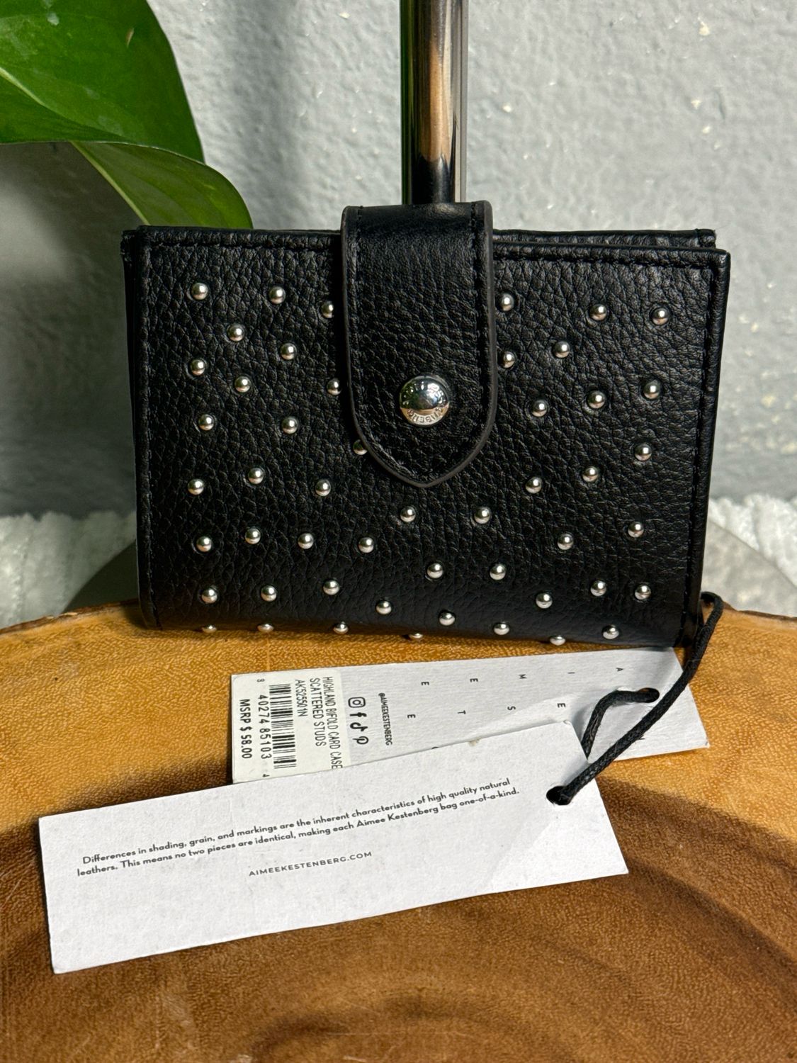 Aimee Kestenberg Black Leather With Silver Stud Compact Wallet, New With Tags Retail $58