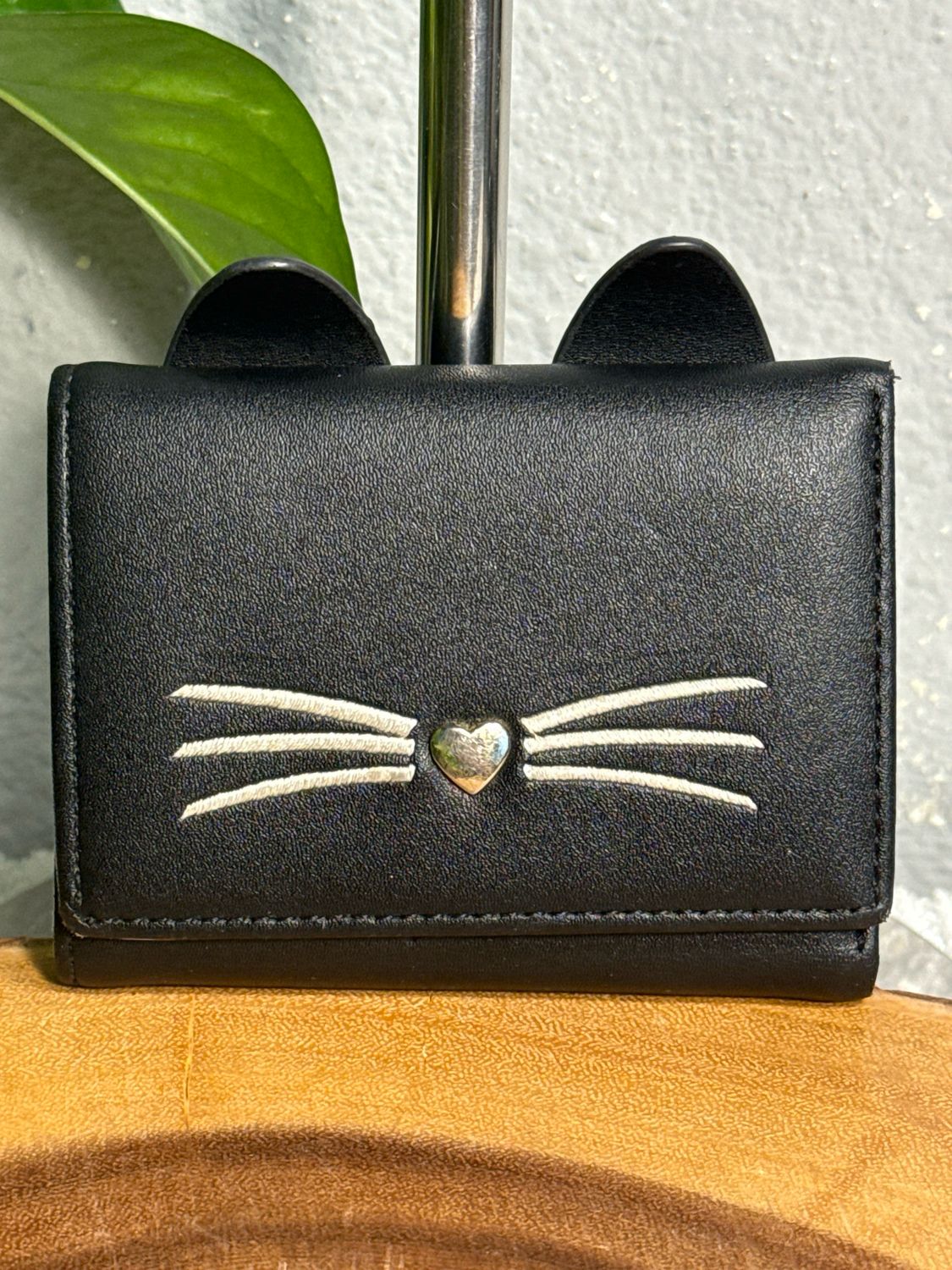 Unbranded, Black, Vegan Leather With Pink Interior Kitty Cat Compact Wallet