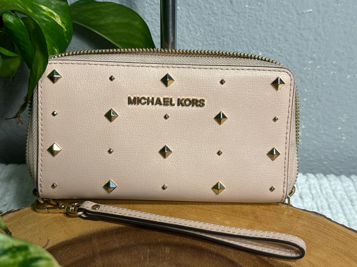 Michael Kors, Nude Pink, Studded, Leather Wristlet Wallet
