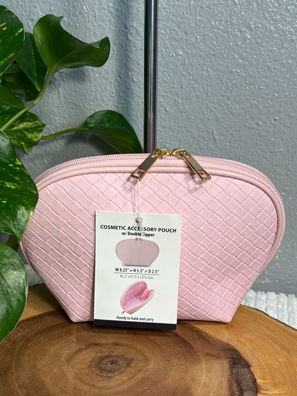 Unbranded Pink Stamped Vegan Leather, Cosmetic Accessories Pouch With Double Zipper Pulls NWT