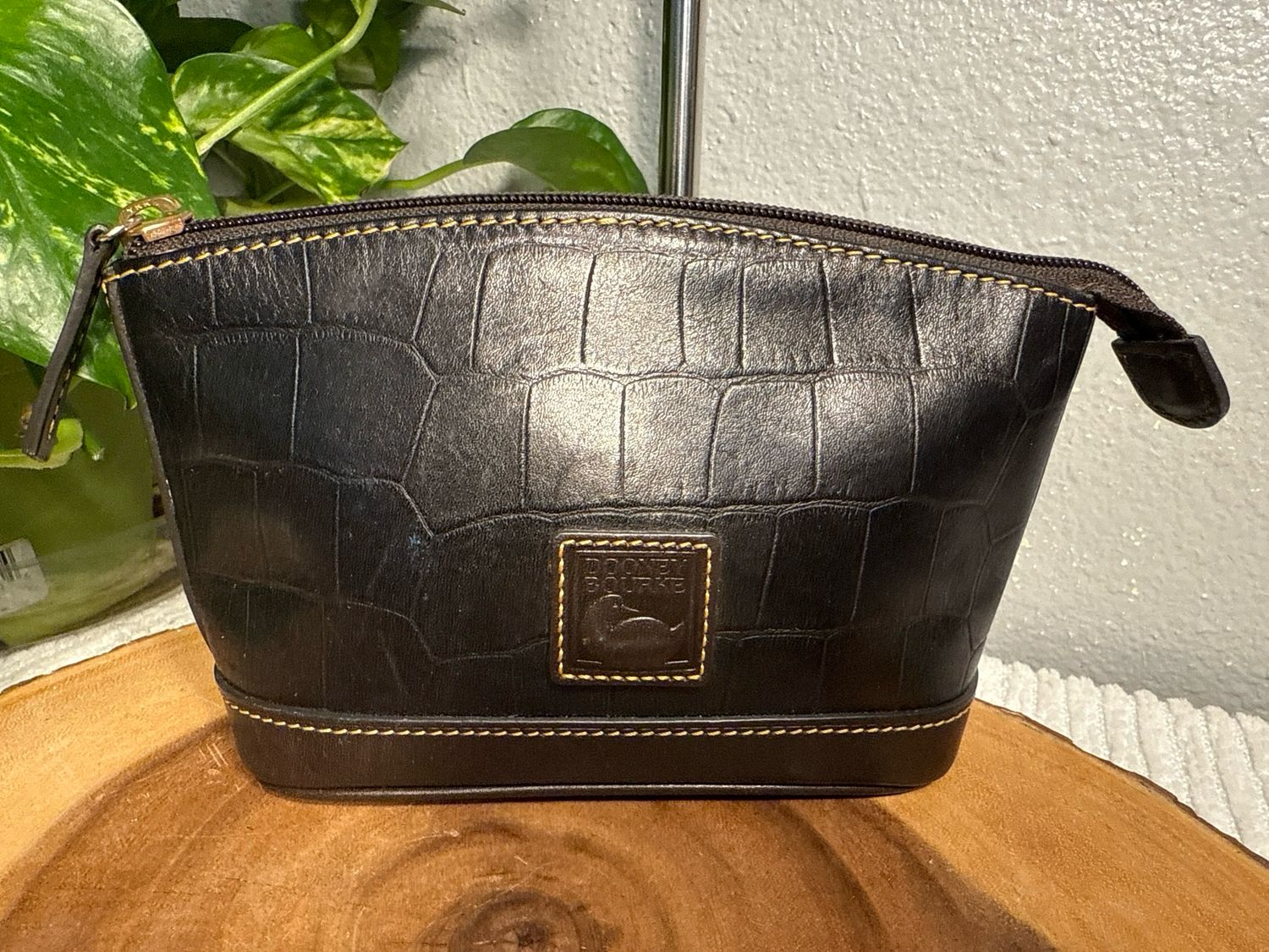 Dooney, &amp; Bourke, Croc, Embossed, Black, Leather, Cosmetic Pouch Or Catchall