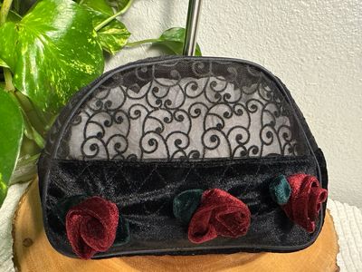 Unbranded, Black Lace And Velvet, Rosette Double Zip Cosmetic Pouch Or Catchy Like New