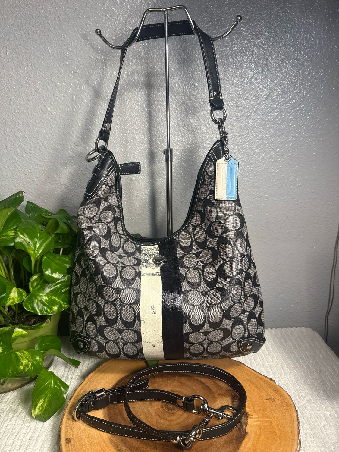 Coach, Black And Gray Signature Coded Canvas Hobo Or Crossbody Bag