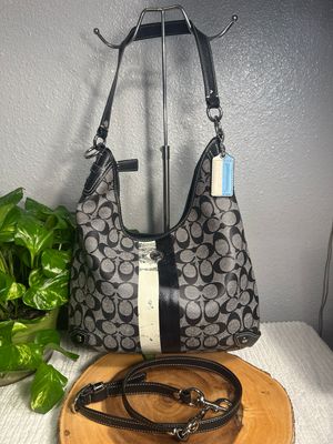 Coach, Black And Gray Signature Coded Canvas Hobo Or Crossbody Bag
