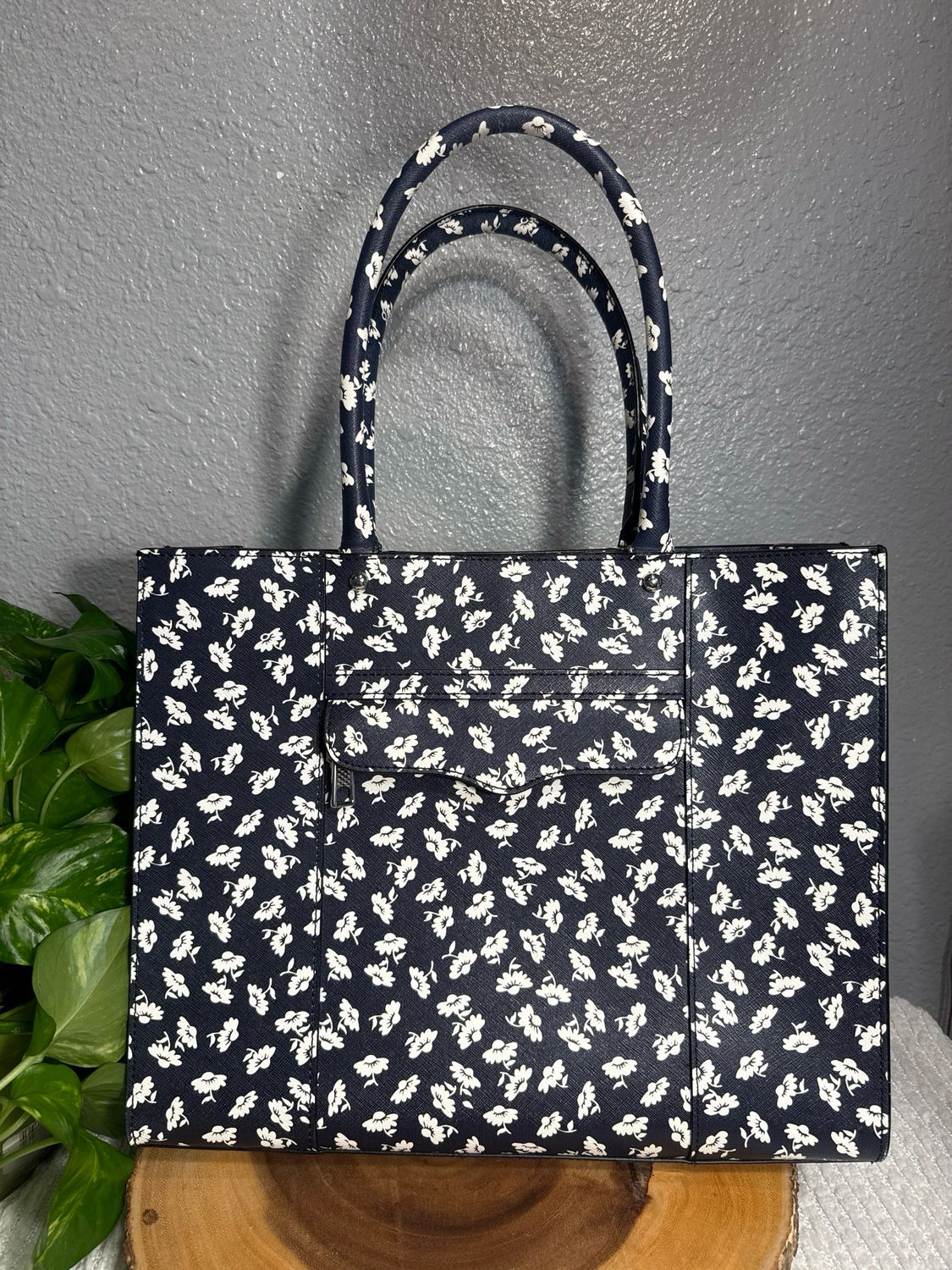 Rebecca Minkoff Navy With White Floral Saffiano Leather Tote