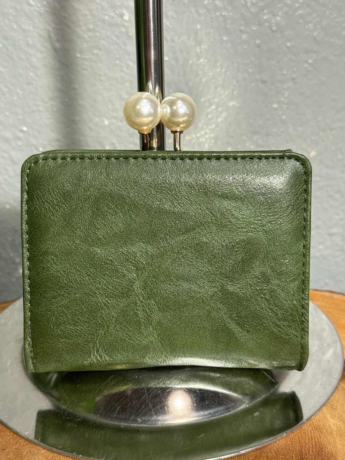 Forest Green Vegan Leather Pearl Kiss Lock Compact Wallet New