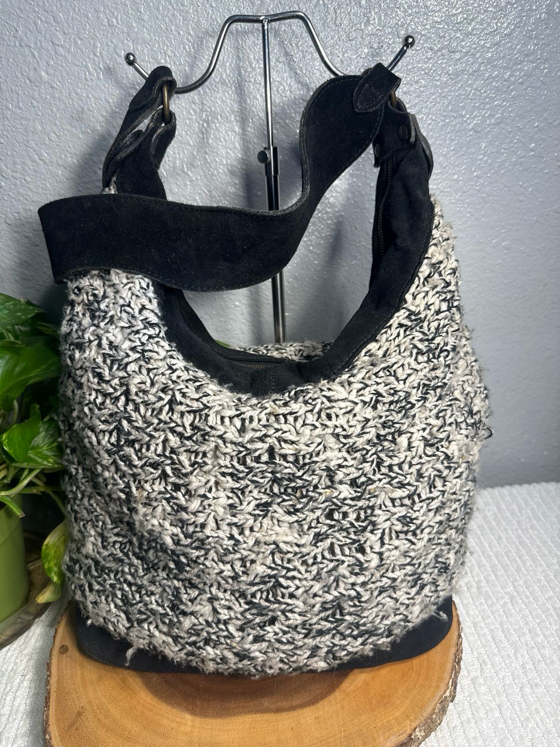 EQUIPE 2 Made In Italy Crochet And Black Suede Large Hobo Bag