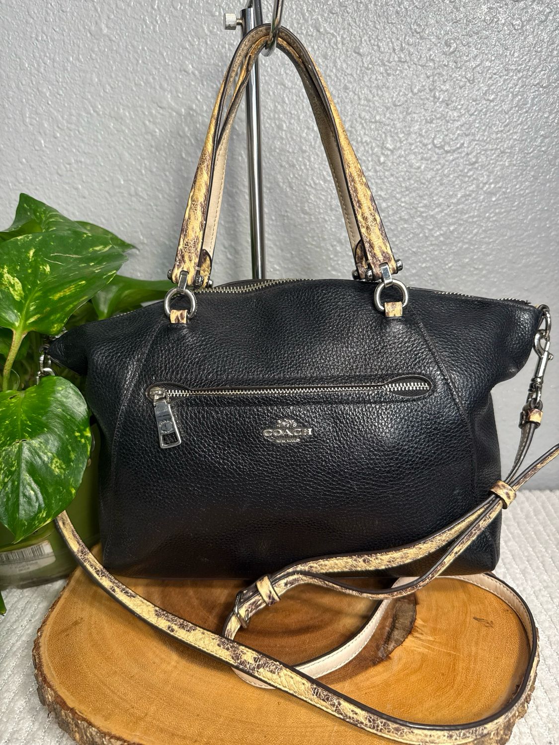 Coach Black Leather With Python, Print, Trim, Leather Satchel
