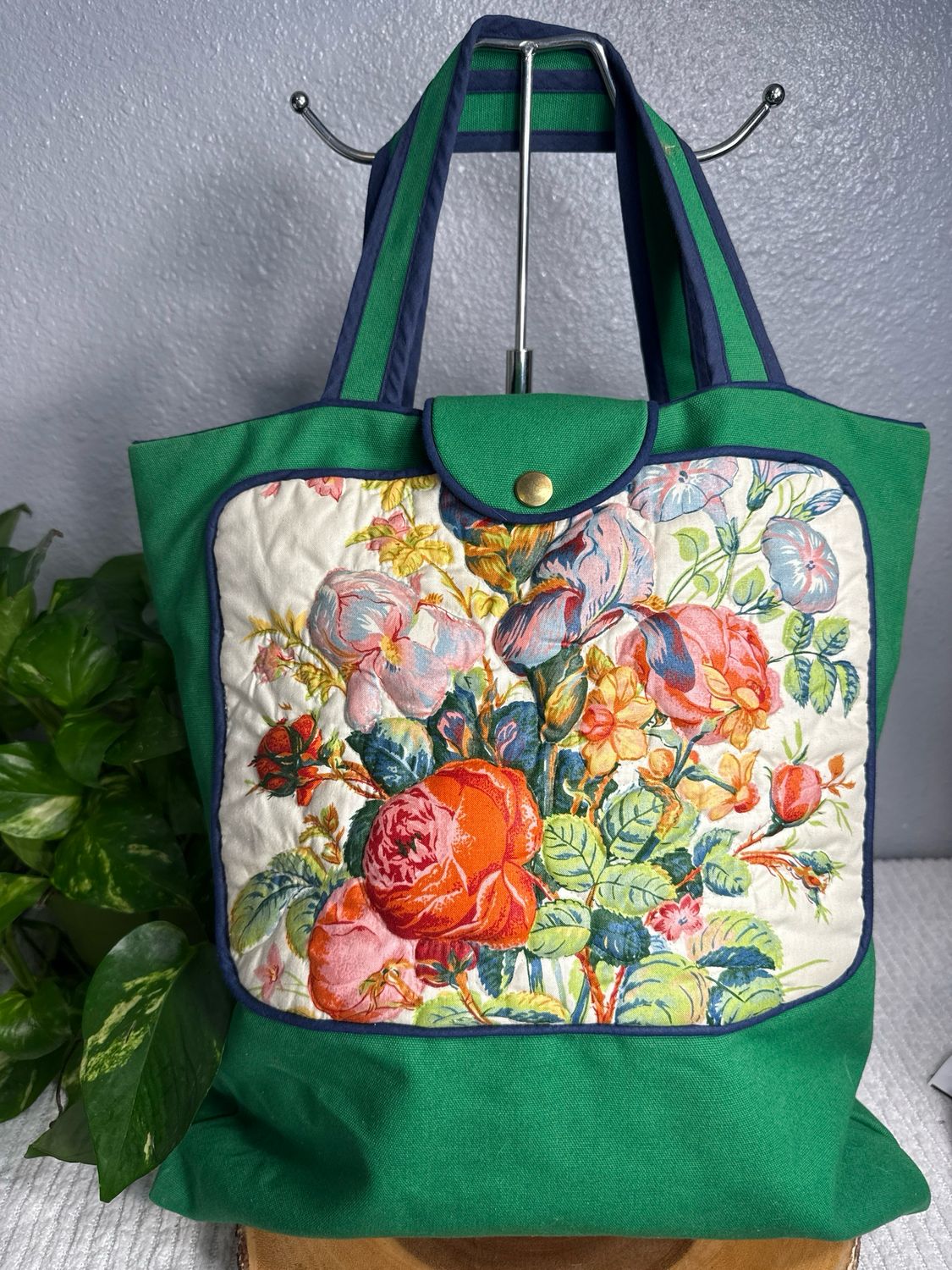 Heirloom Designs, Green Floral Canvas, Convertible, Tote Bag, Like New