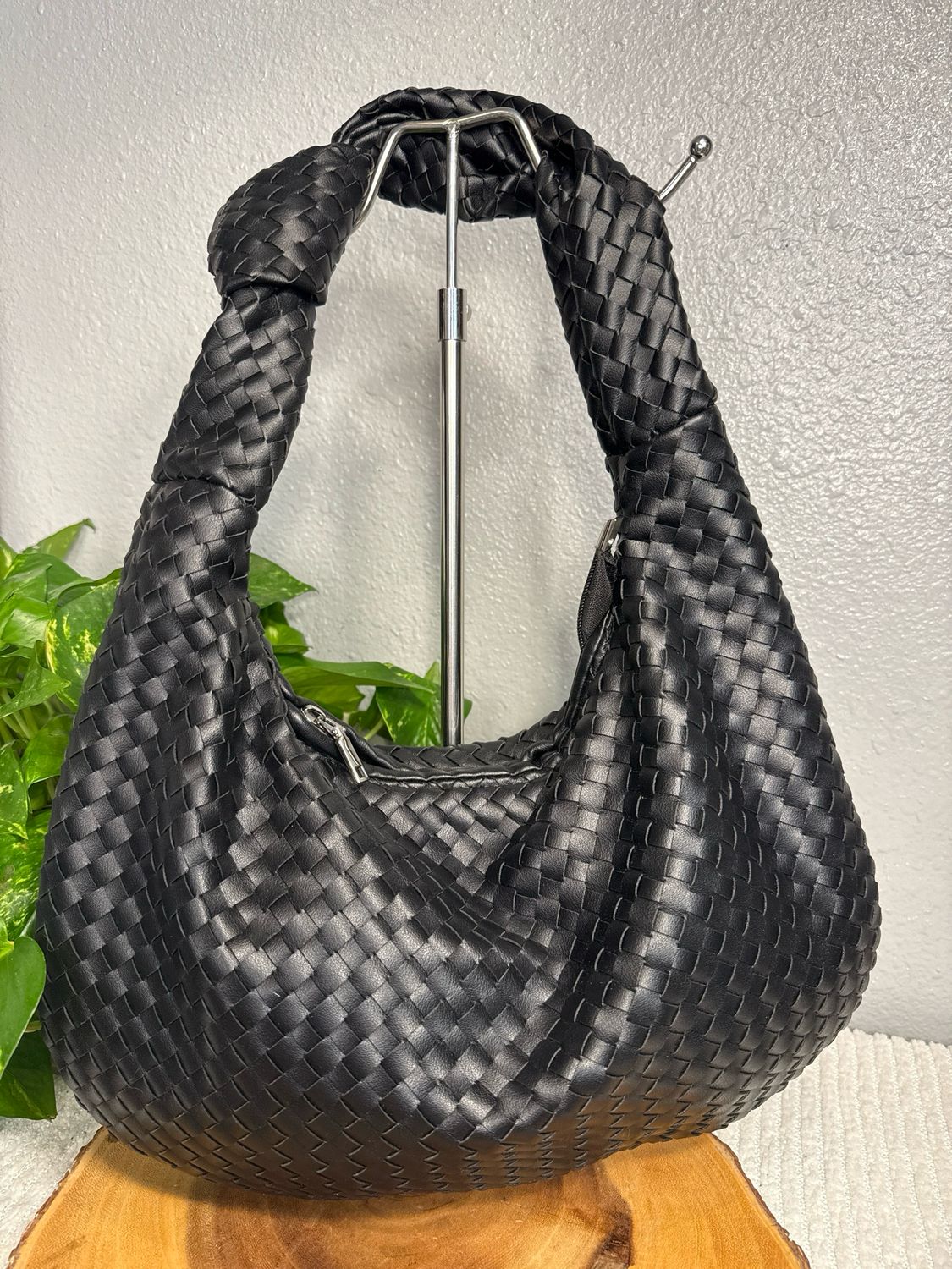 Unbranded Black Woven Vegan Leather Bottega Venetta Style Hobo Bag NWOT