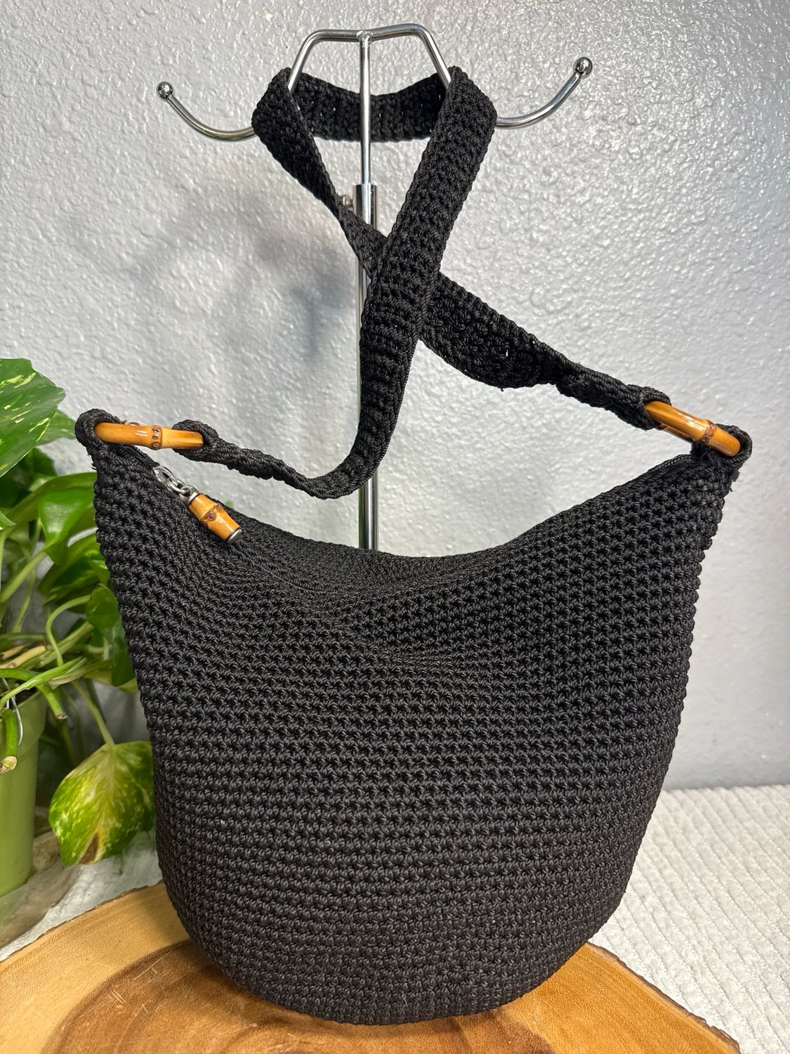 The Sack Black Crochet With Bamboo Accents RARE FIND Hobo Bag New Without Tags