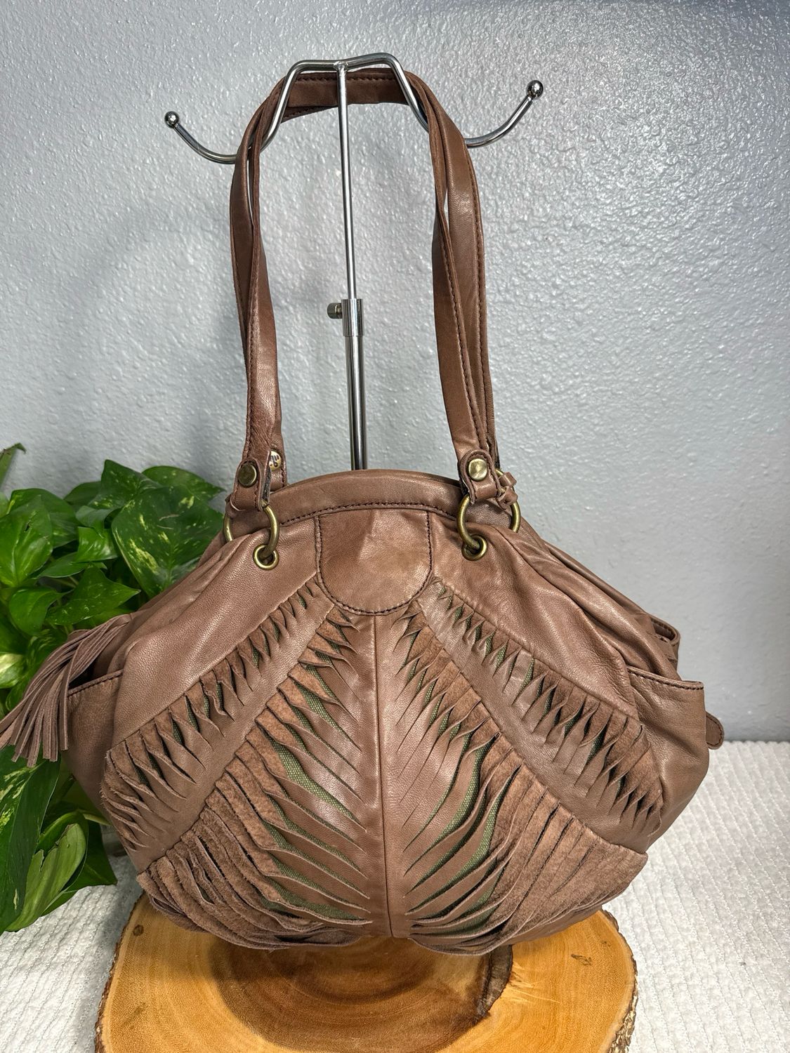 Lucky Penny, Brown, Leather Olive Canvas, Shoulder Bag