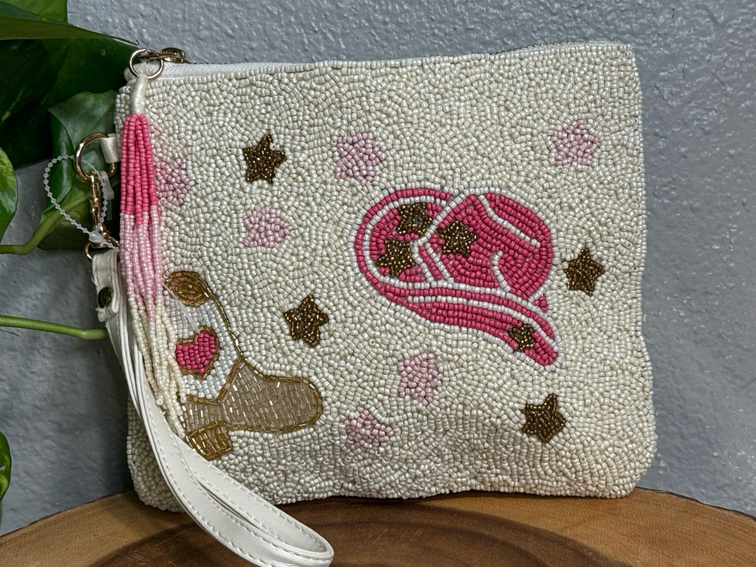 Sincerely, Jules Ivory And Pink Beaded Western Wristlet Pouch New Without Tax