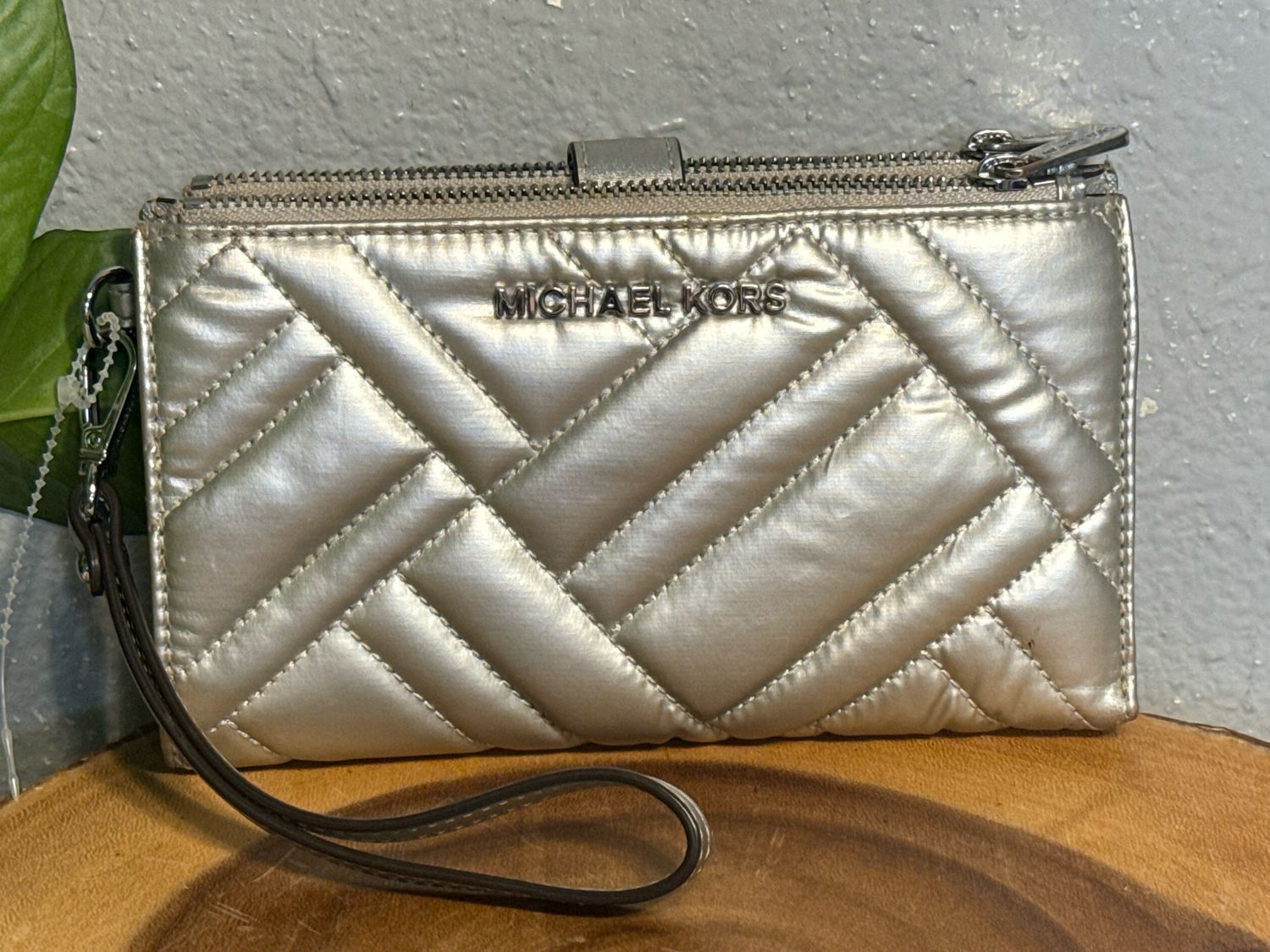 Michael Kors, Silver Quilted, Leather Wristlet Wallet