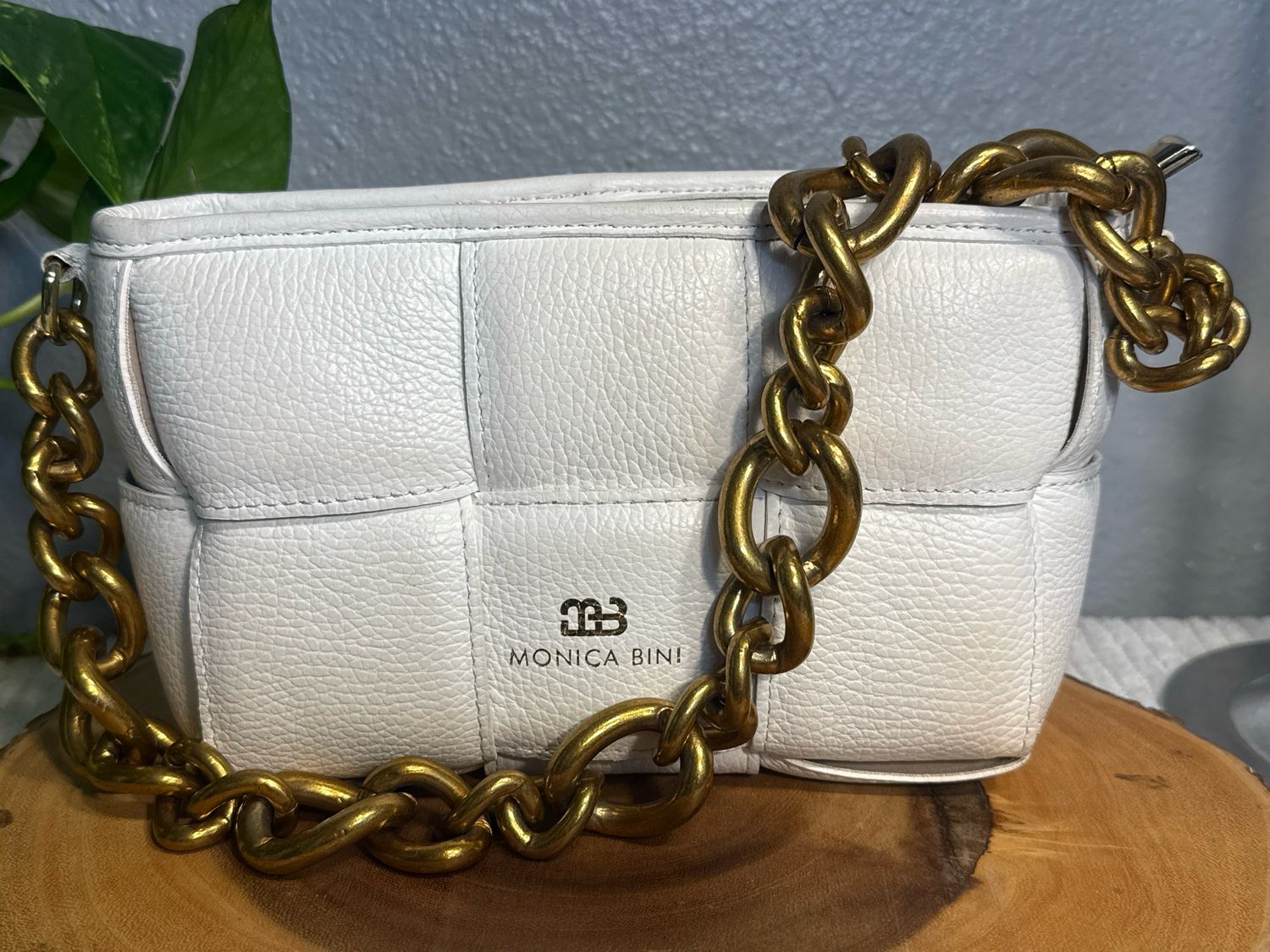 Monica Bini White Woven Leather Shoulder Bag ONLINE $125