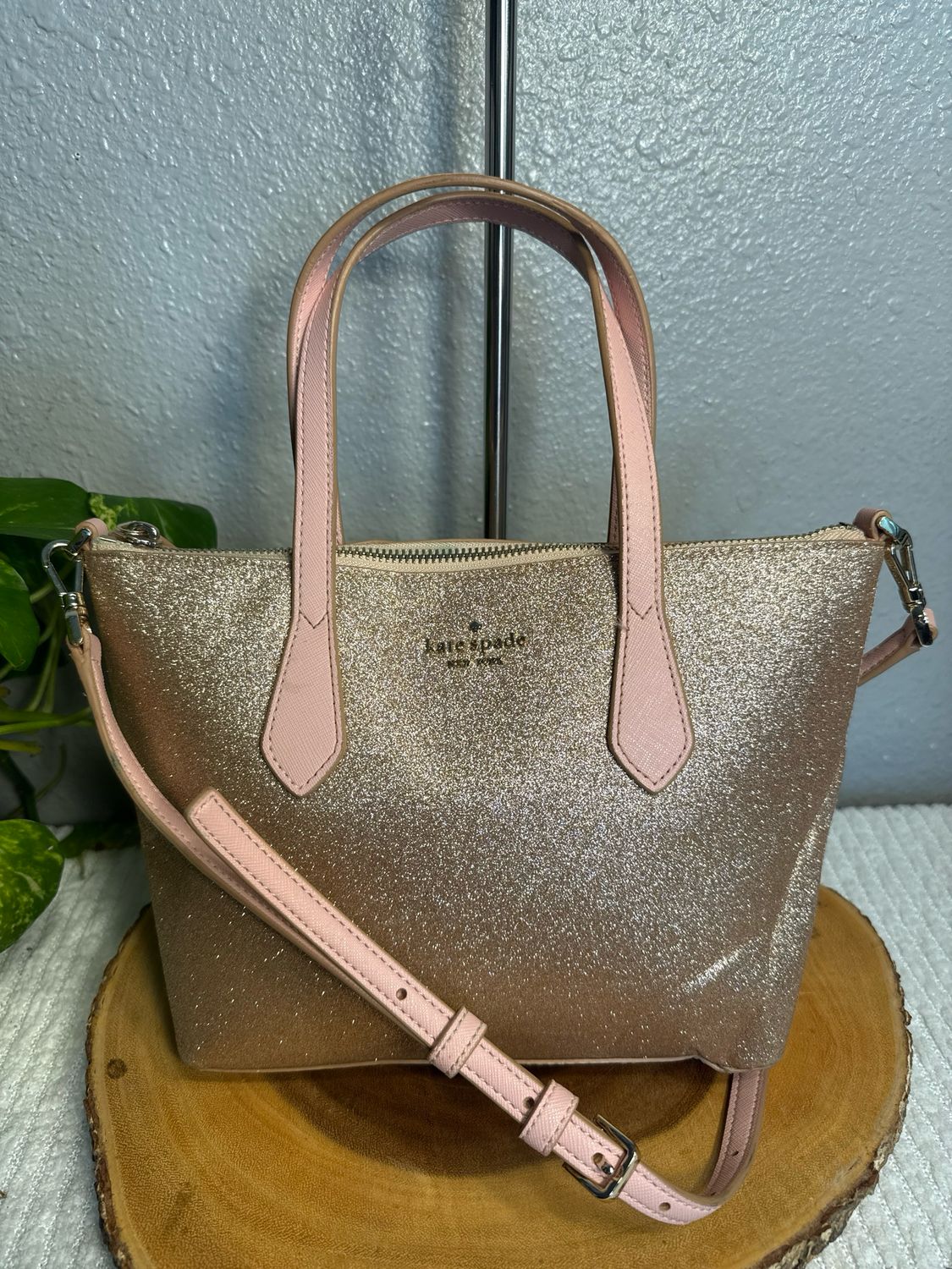 Kate Spade Rose, Gold, Glitter, And Baby Pink Saffiano, Leather Trim Satchel