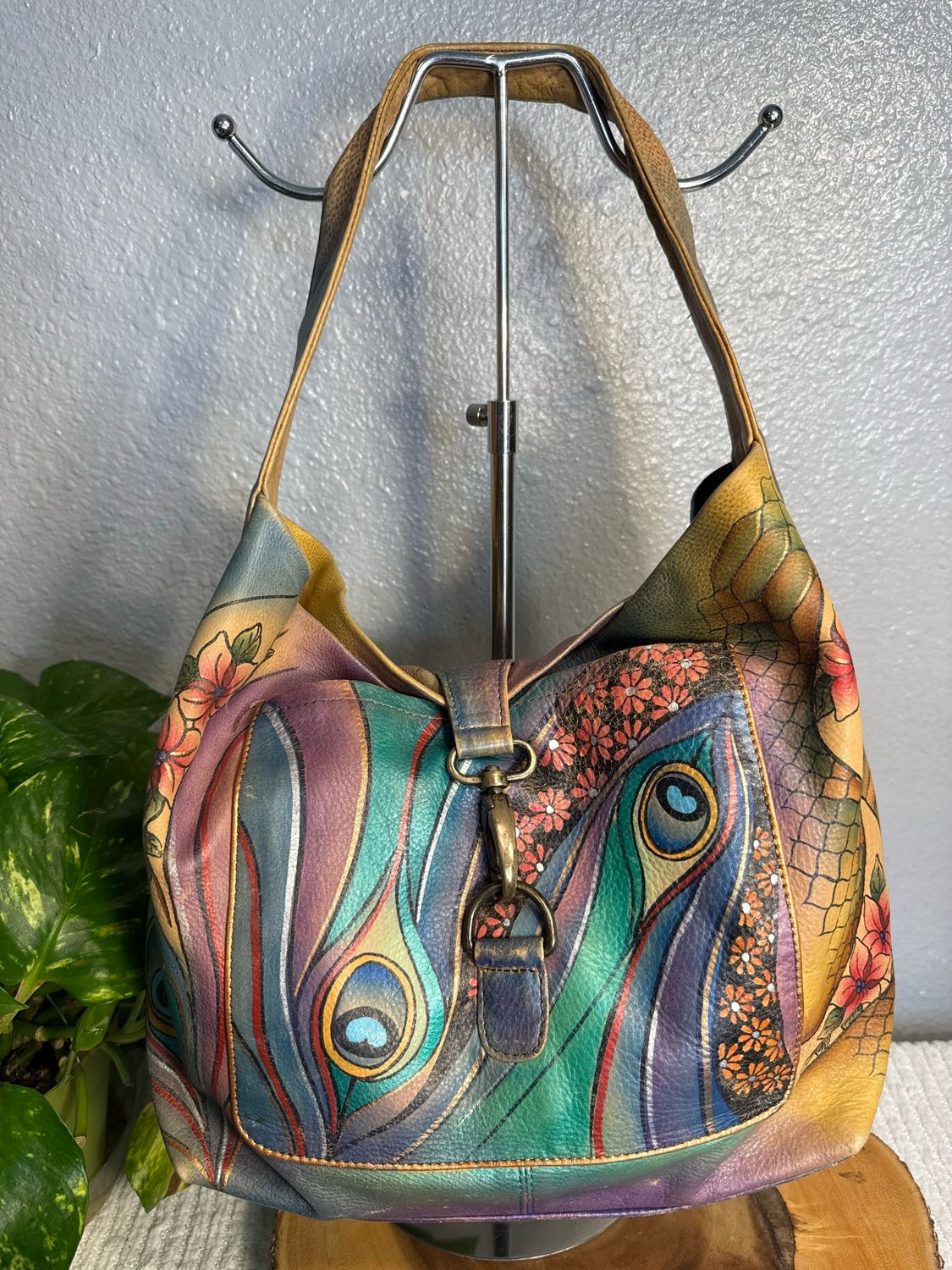 Anushka Hand Painted Peacock, Feather Leather Hobo Bag