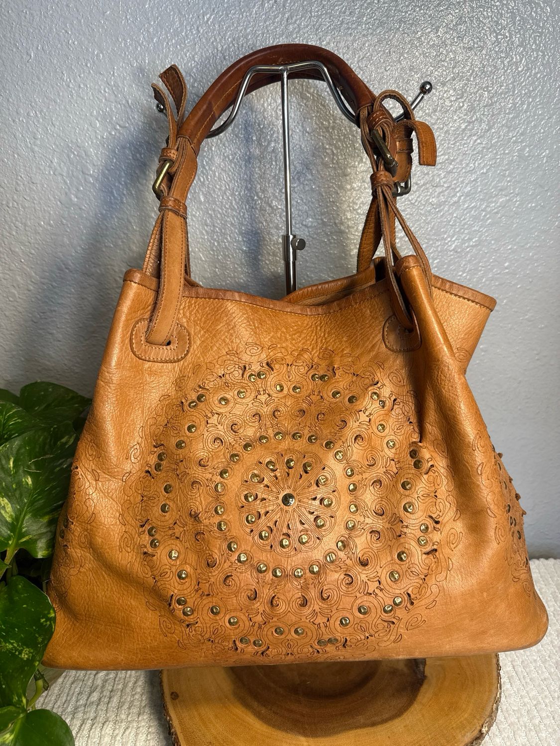 Platania Made In Italy, Brown Grommeted, Leather Shoulder Bag