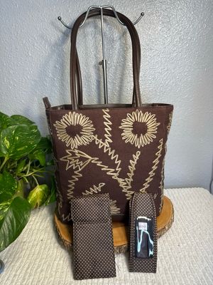 BUENO vintage Brown Canvas Embroidered Tote Bag With Accessories Like New