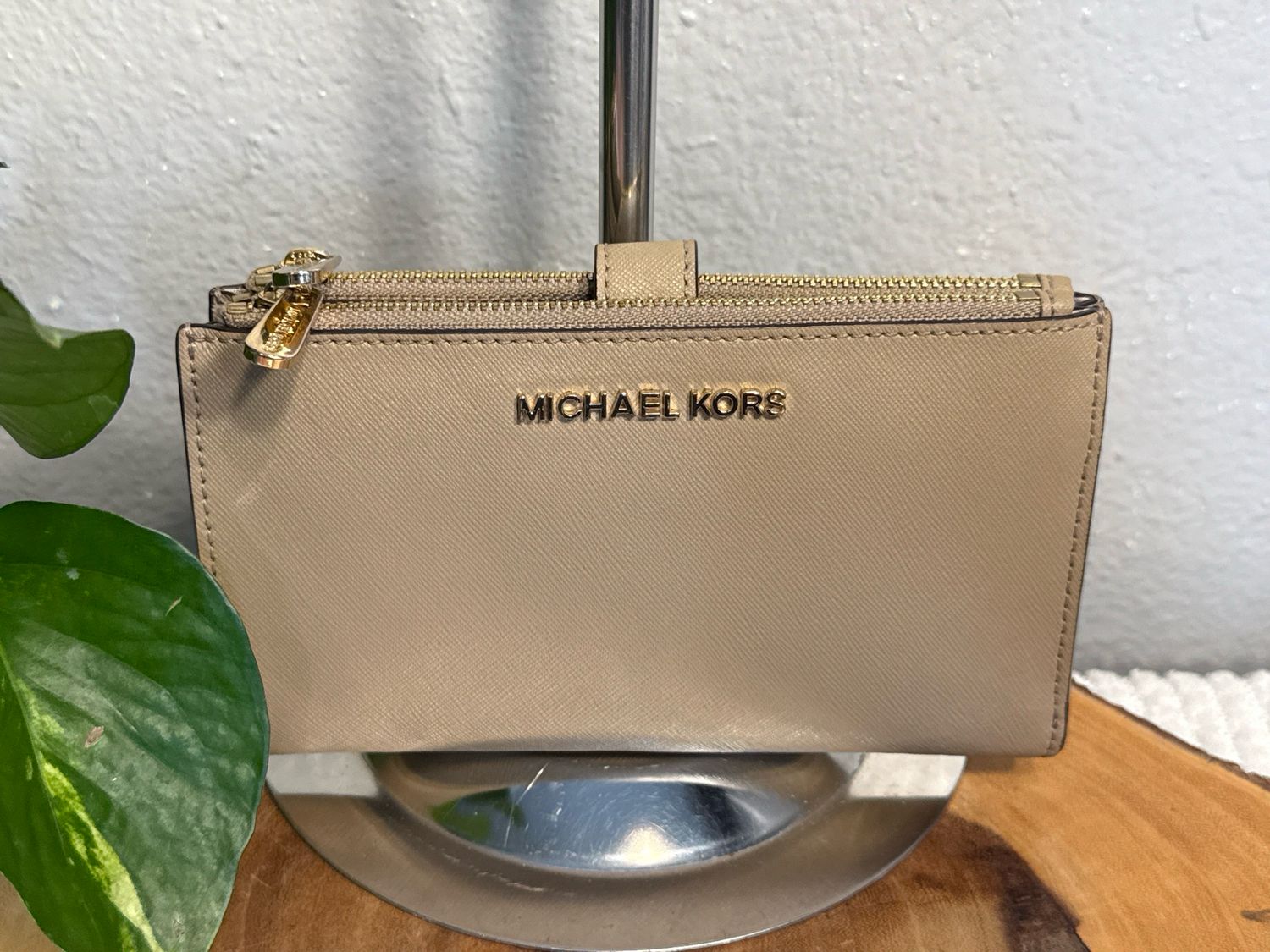 Michael Kors Taupe Saffiano Leather Double Zip Wallet Like New