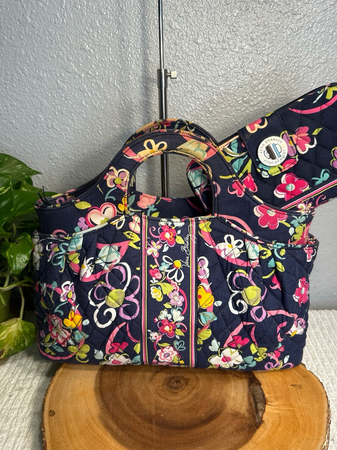Vera. Bradley Retired, Pink Ribbons, Handbag, And Matching Twist Lock Wallet.