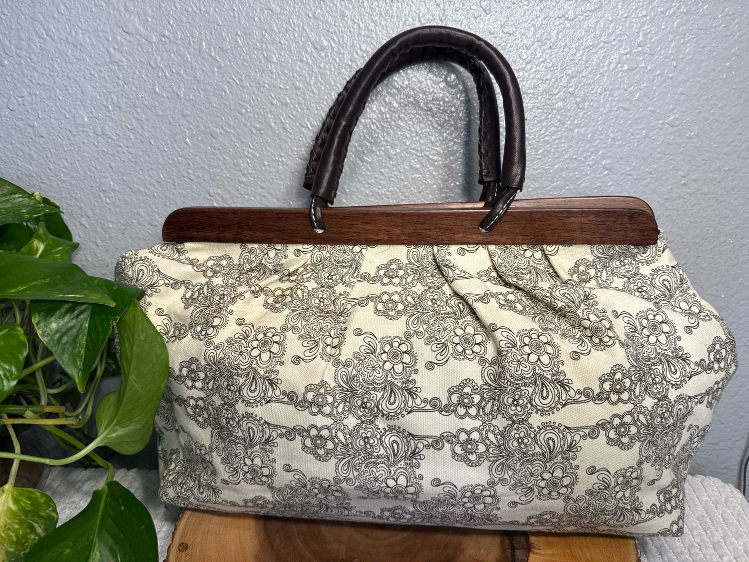 E. Valery Floral Canvas, Wood Framed Handbag Like New
