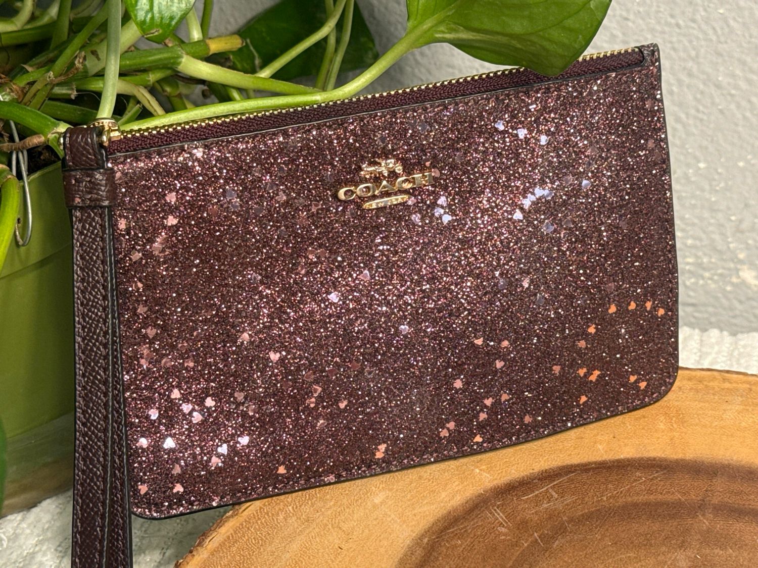 Coach Burgundy Heart Glitter Wristlet Wallet