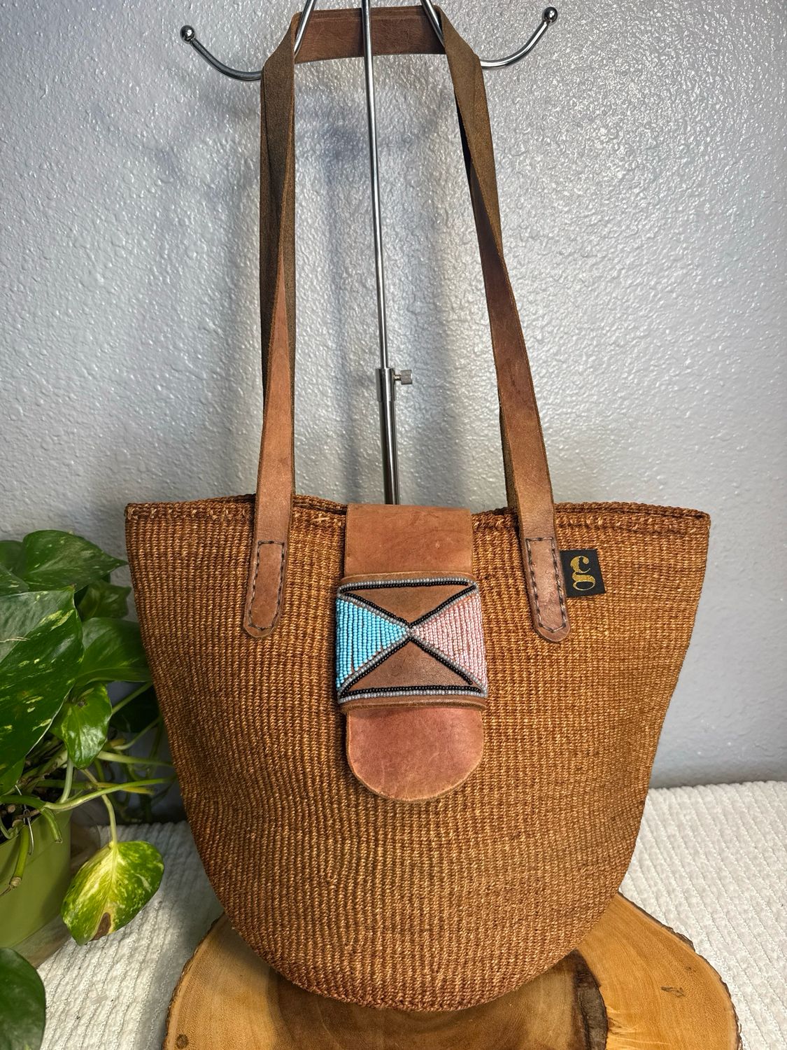 Gracie Crafts Seagrass And Beaded Leather Handmade In Kenya Shoulder Bag