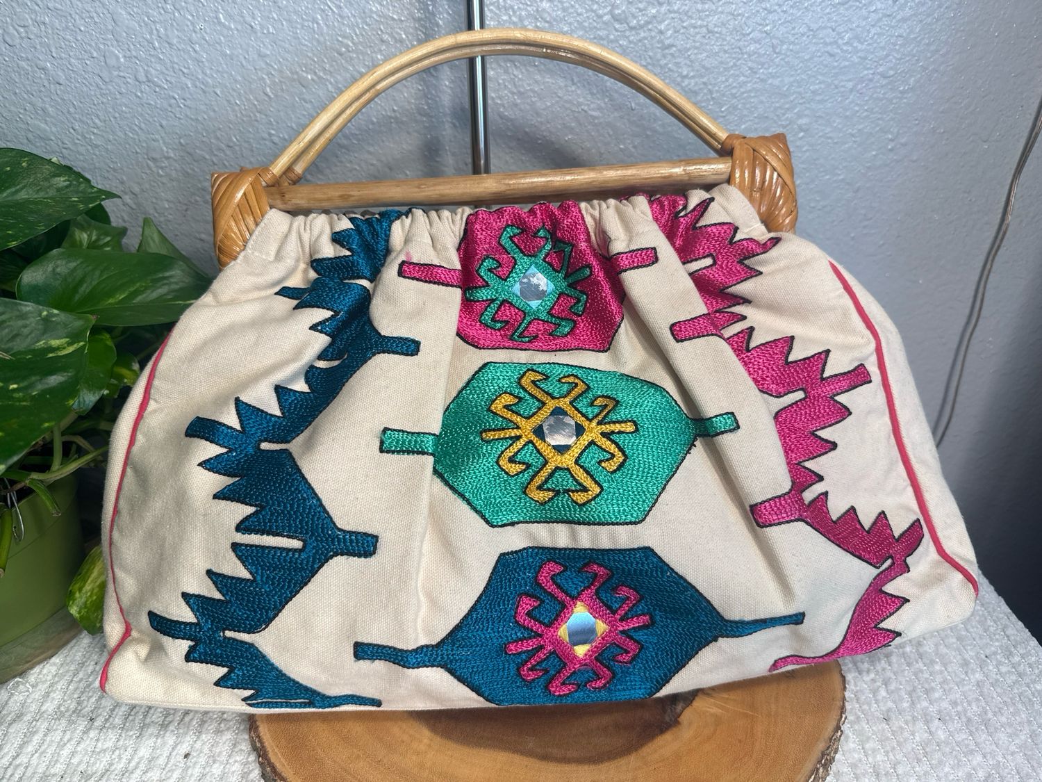 Unbranded Boho Cotton Embroidered With Bamboo Handbag New Without Tags