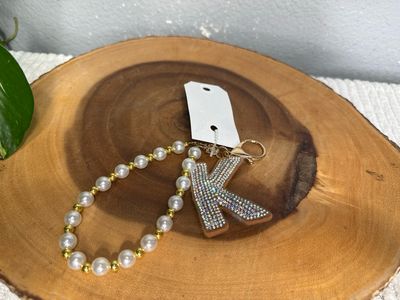 Initial K Rhinestone With Pearls And Gold, Beads, Purse, Charm Or Keychain New
