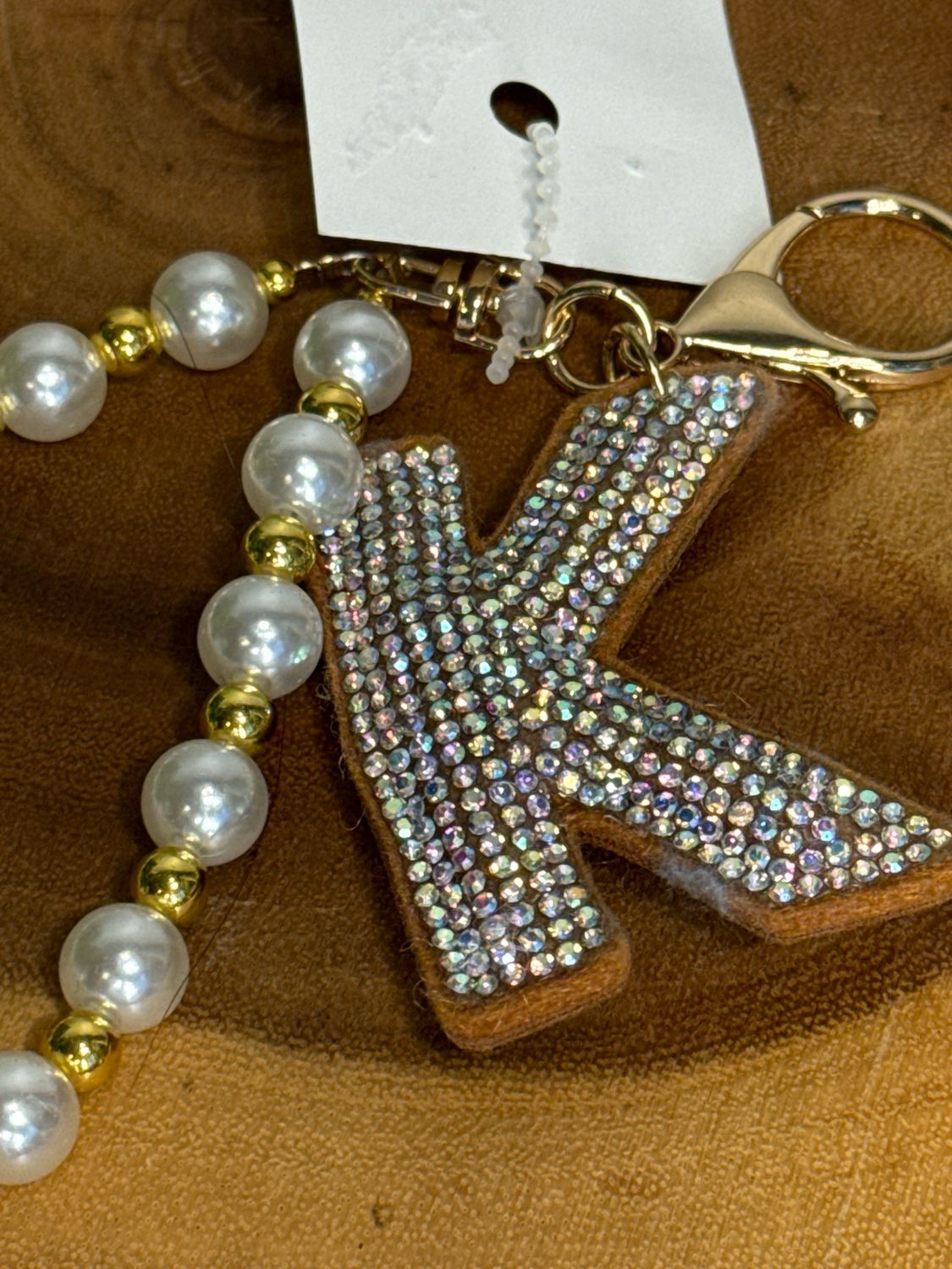 Initial K Rhinestone With Pearls And Gold, Beads, Purse, Charm Or Keychain New
