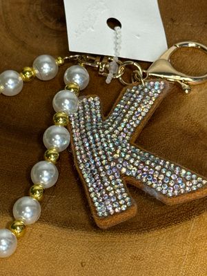 Initial K Rhinestone With Pearls And Gold, Beads, Purse, Charm Or Keychain New
