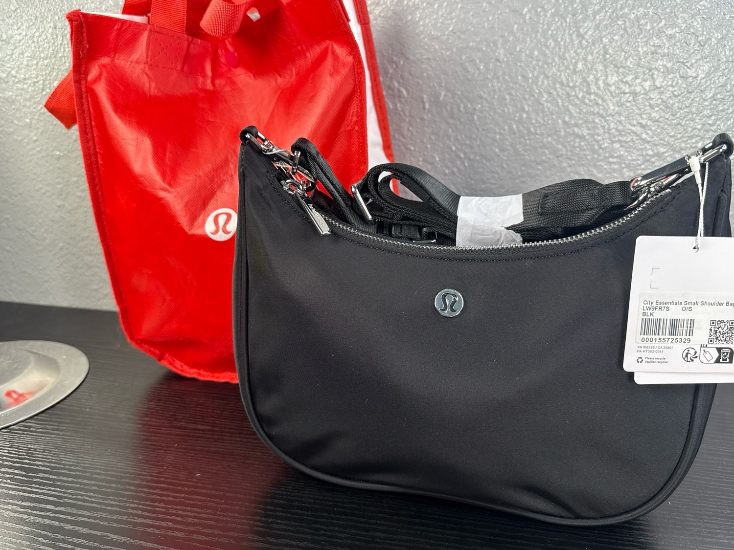 Lululemon Black Nylon C Essentials, Small Shoulder Bag And Red Shopping Bag Included New With Tags