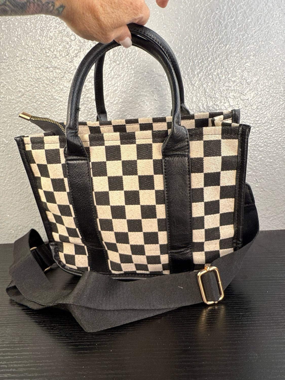 Unbranded, Black Check, Canvas And Faux, Leather Satchel New Without Tags