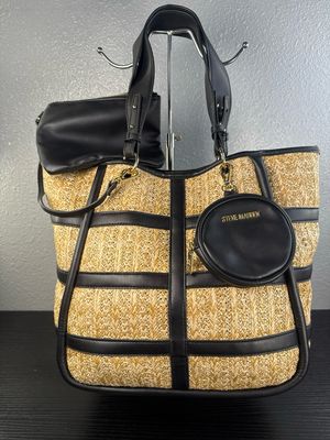 Steve Madden, Straw And Black Faux Leather With Accessories Pouches Tote Bag NWOT