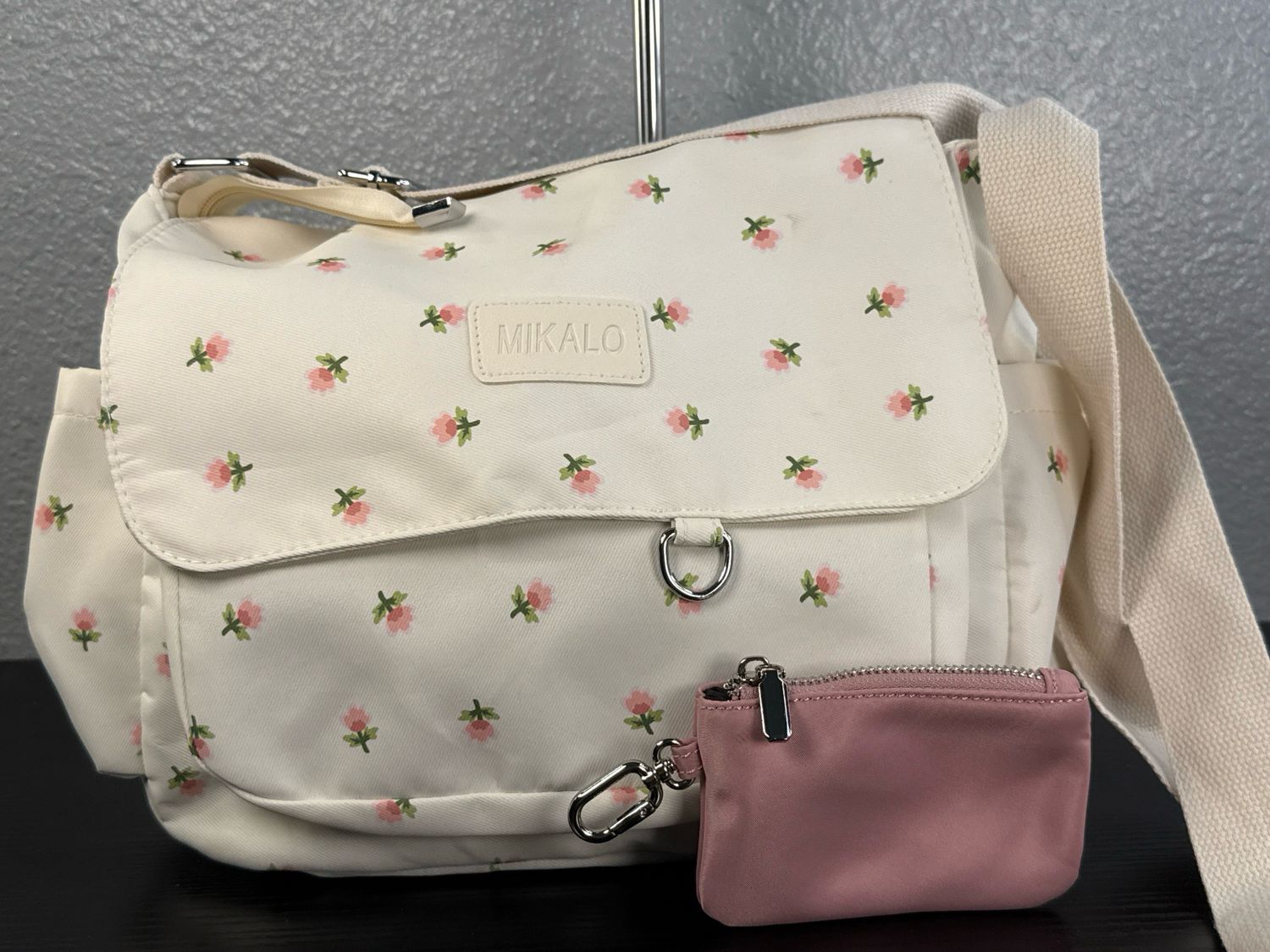 MIKALO Ivory And Pink Floral Messenger Bag With Matching Card Key Holder Like New