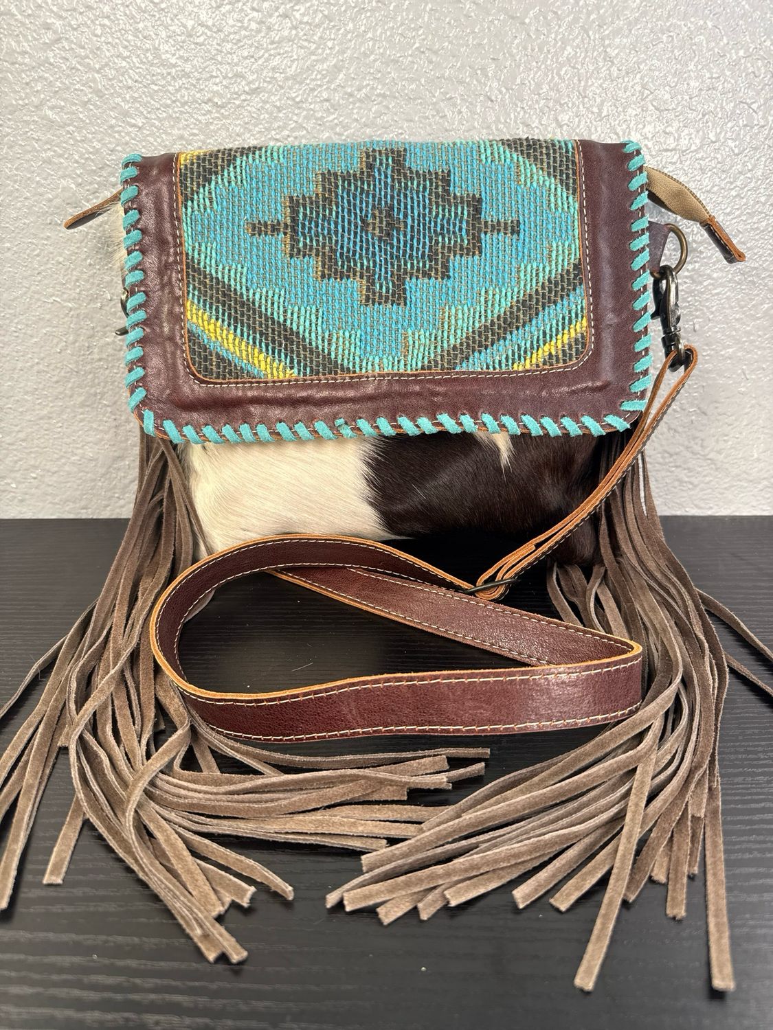 Myra Cowhide Tapestry Crossbody Bag