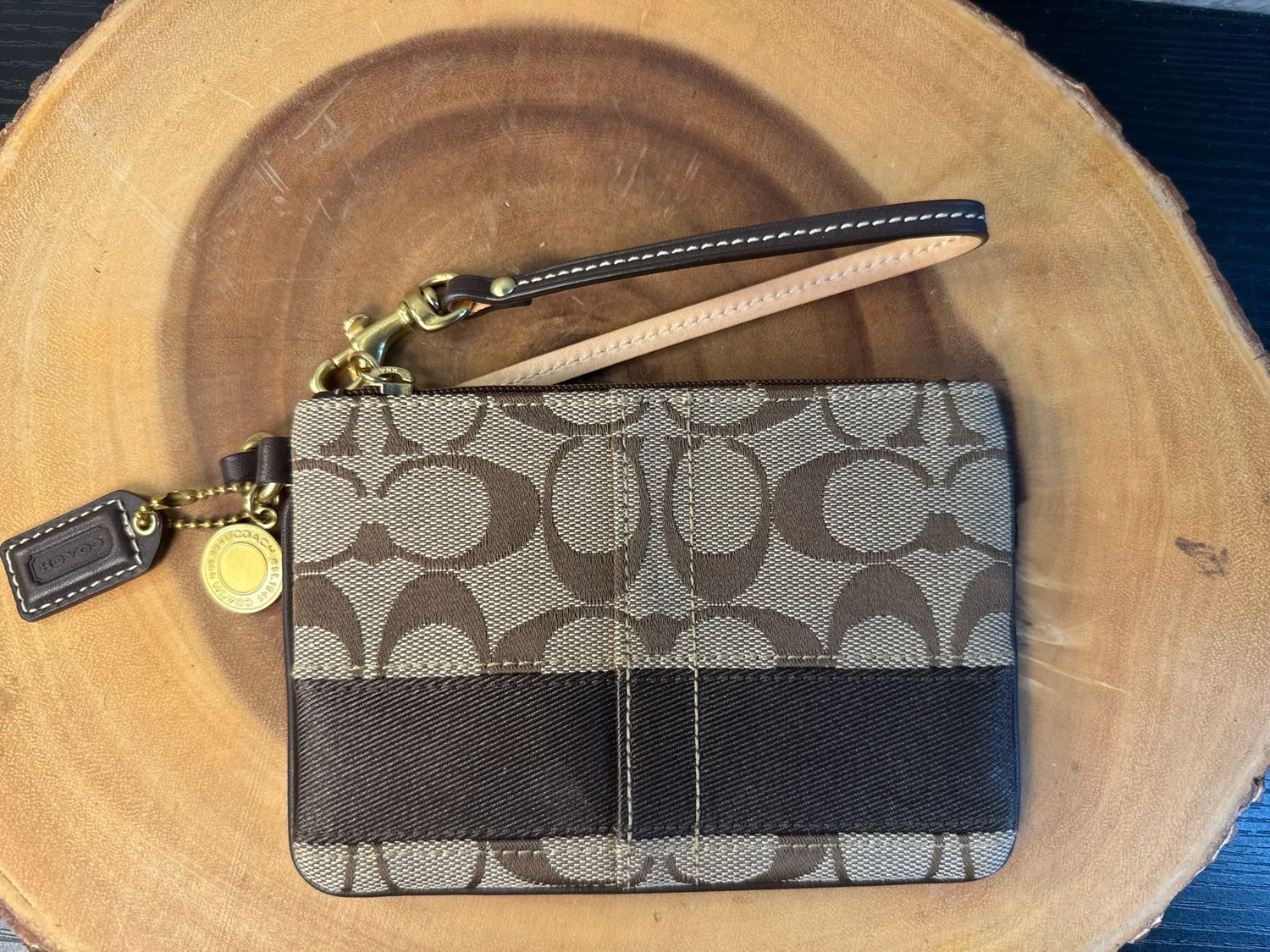 Coach Brown Signature Stripe Wristlet Wallet New Without Tags