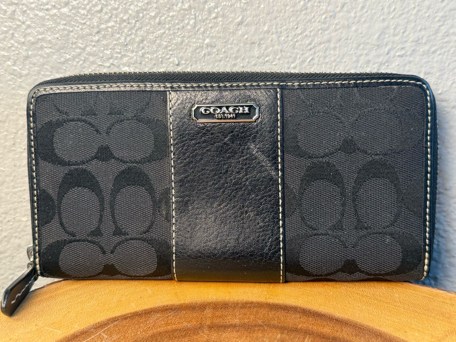 Coach Black Signature With Black Leather Trim And Pinkish Lavender Leather Interior