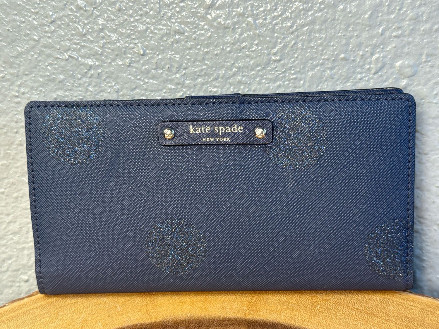 Kate Spade Blue Saffiano Leather With Glitter Polkadot Stacy Wallet LIKE NEW