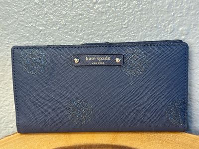 Kate Spade Blue Saffiano Leather With Glitter Polkadot Stacy Wallet LIKE NEW