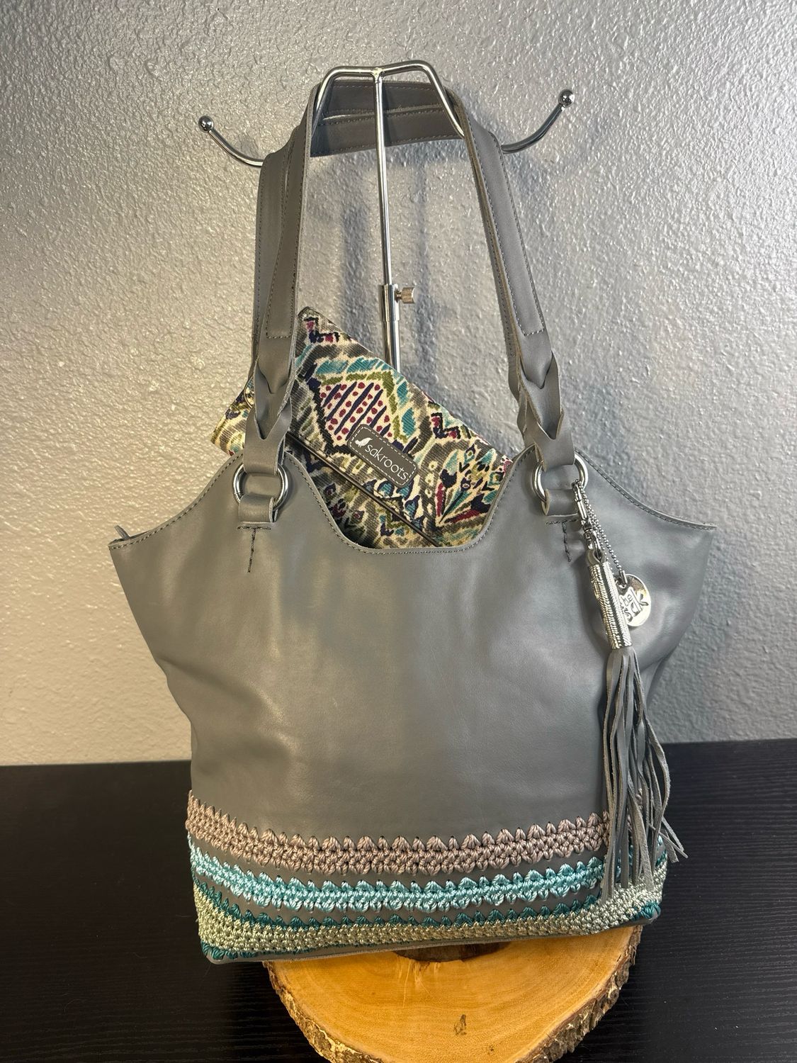 The SAK gray leather with crochet detail, shoulder bag new with tags 💥Sakroots wallet sold separately