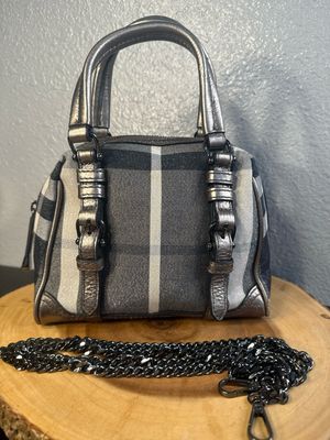 Authentic Burberry Gray Check Mini Handbag With Metallic Threads And Additional Chain Crossbody Strap LIKE NEW!