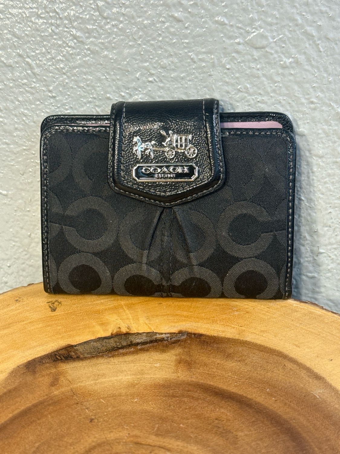 Coach Black Signature With Pinkish Lavender Leather Trim Wallet