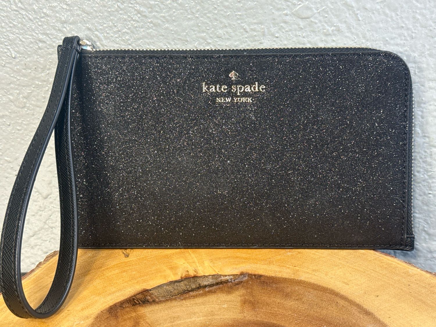 Kate Spade Black Glitter, Leather Wristlet Wallet New Without Tags
