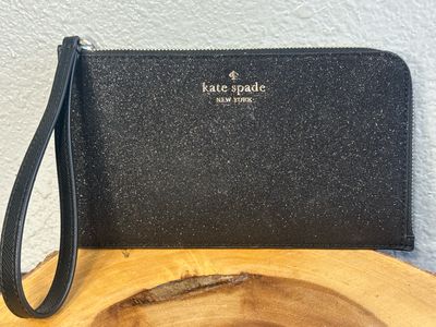 Kate Spade Black Glitter, Leather Wristlet Wallet New Without Tags