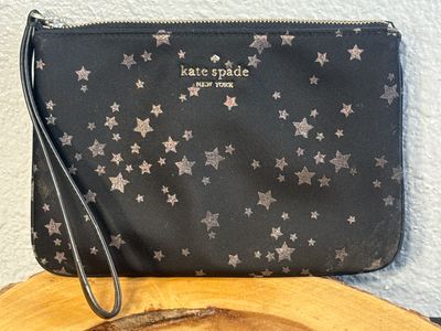 Kate Spade Black Nylon With Silver Sparkly Stars, Wristlet, Wallet, Or Clutch