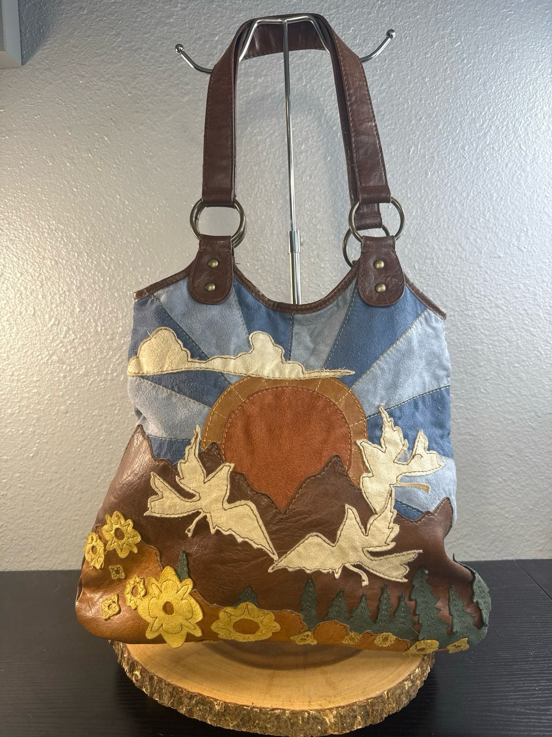 Stamp 10 Vintage Vegan Leather And Suede Mountain Scene Shoulder Bag