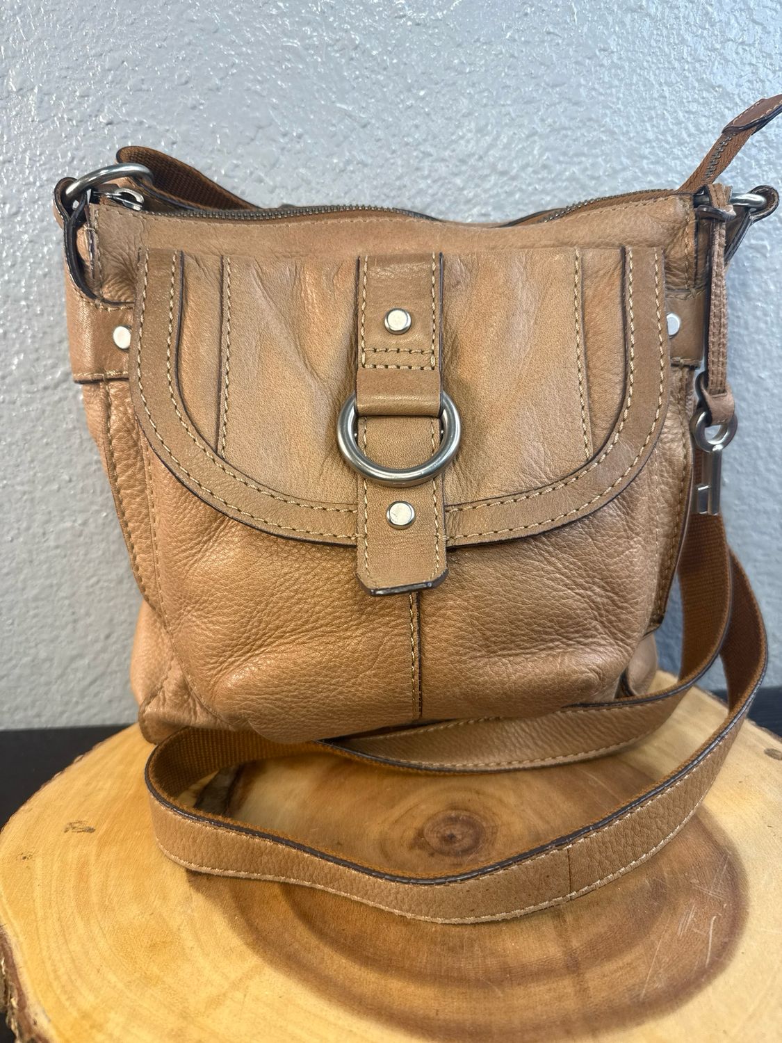 Fossil Vintage Tan Leather Crossbody Bag With Wallet Attachment Pocket