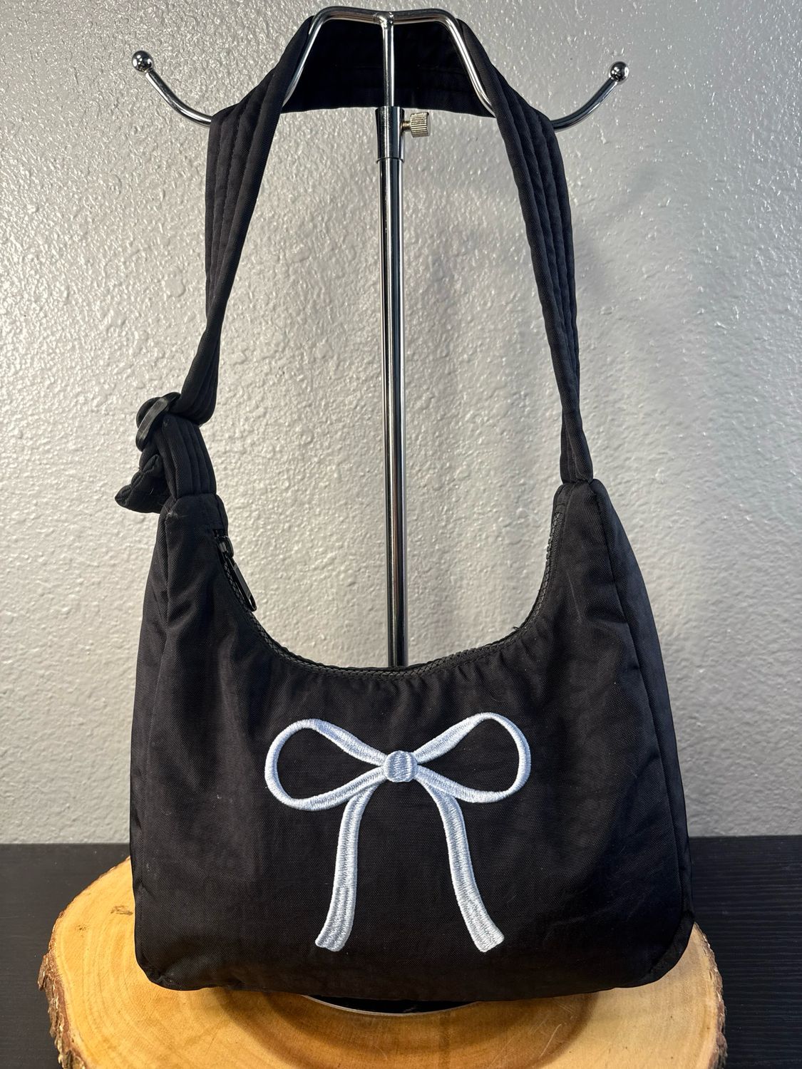 BAGGU  Black Nylon With Baby Blue Embroidered Bow, Small Shoulder Bag New Without Tags